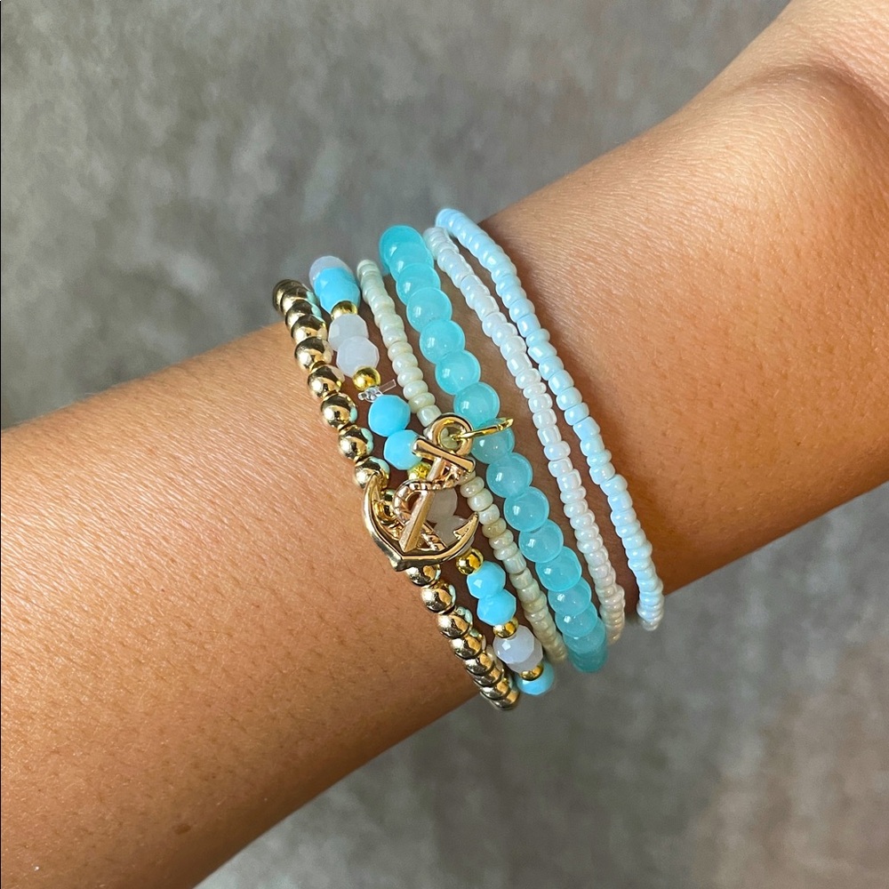 Gold and Blue Beaded Anchor Bracelet Set